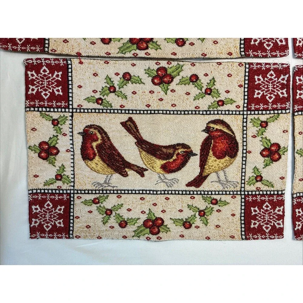 Christmas Winter Bird Tapestry Placemats Set/4 Holiday Snow Holly Gold Metallic